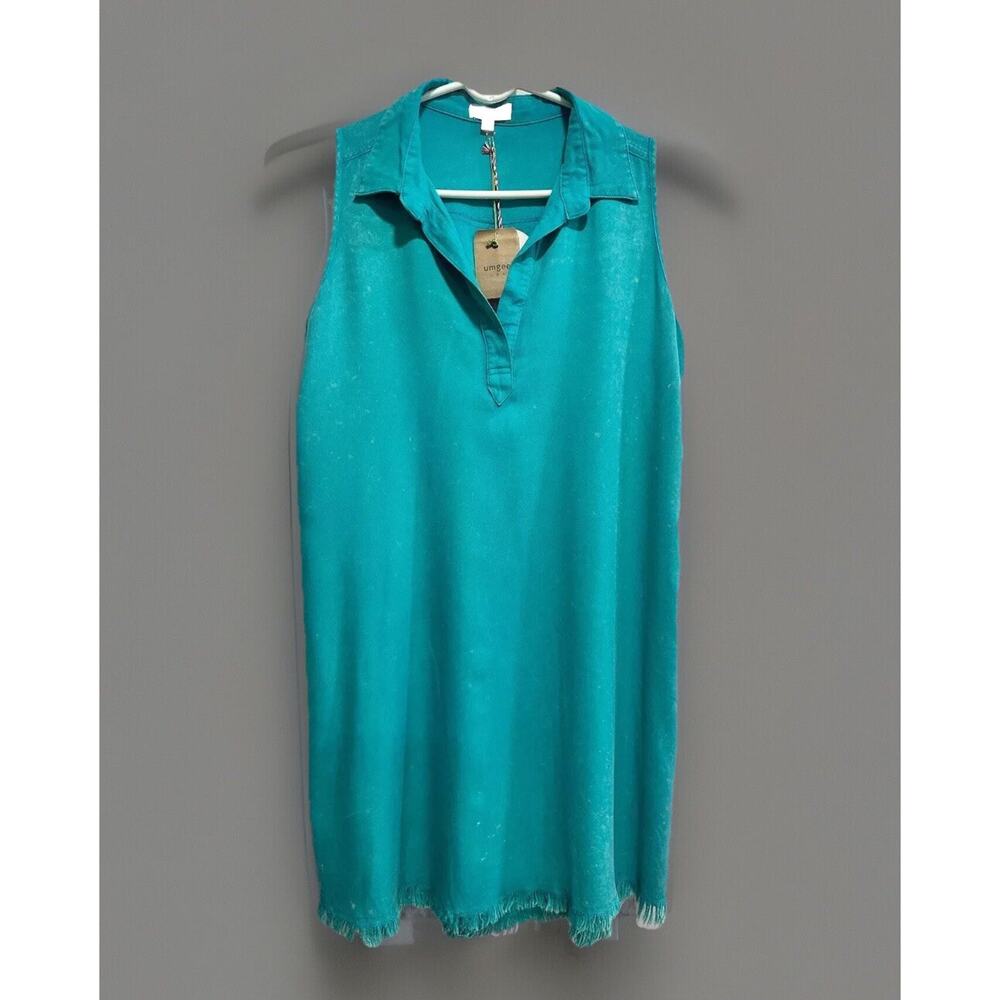 NWT Umgee Beachy Turquoise Raw Hem Distressed Dress Lagenlook Tunic Womens Small